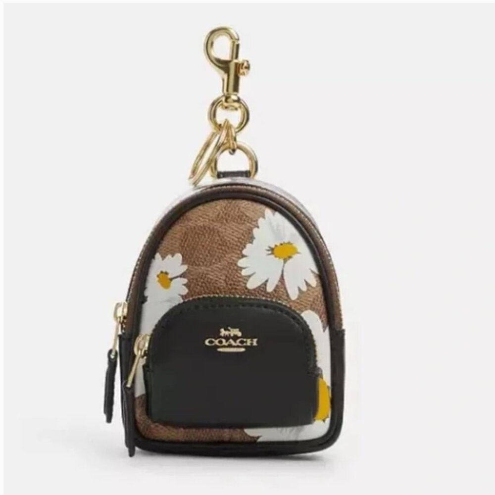 COACH Mini Court Backpack Bag Charm CC Signature Floral Print Canvas Leather